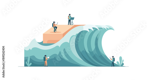 Dynamic team navigating market volatility and disruption with digital tools, symbolizing resilience and innovation in a changing business landscape