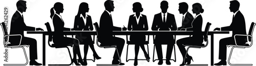 Business professionals in silhouette seated at conference table engaging in teamwork, corporate discussion, leadership communication, strategic meeting illustration
