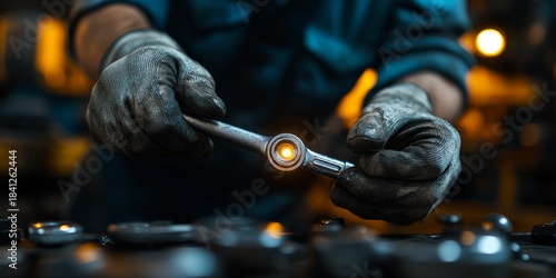 Mechanic working hands holding a ratchet in workshop