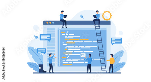 Dynamic team collaborating on web development project, brainstorming ideas and writing code for innovative startup success in a modern tech environment