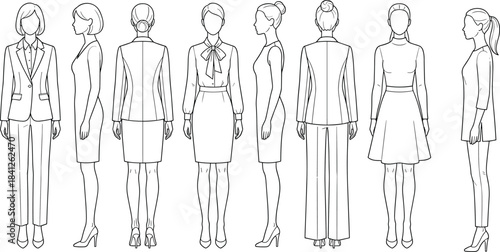 Female fashion outline templates showing professional business attire silhouettes for design, illustration, pattern drafting, apparel sketching, and creative projects