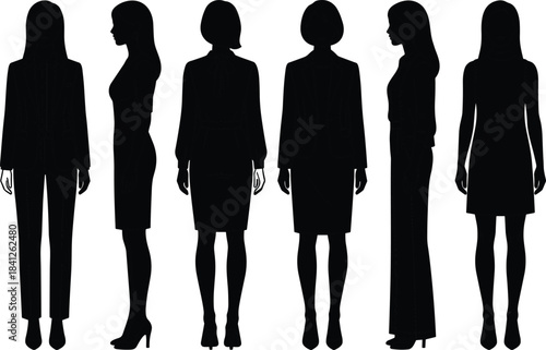 Female fashion silhouette templates showcasing business attire outlines for designers, illustrators, apparel drafting, pattern making, creative styling, and branding use