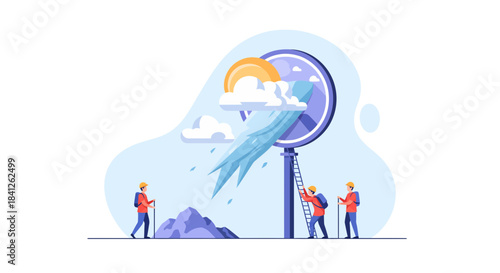 Teamwork adventure conquering challenges with a powerful climate change lens, visualizing solutions, and exploring a brighter future, inspiring innovation