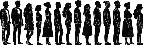 Silhouettes of diverse adults standing in line representing community, society, human variation, population diversity, cultural identity, demographic illustration