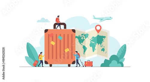 Plan your next trip around the world with travel buddies and a large suitcase, fly to new adventures with a map and airplane, and explore destinations