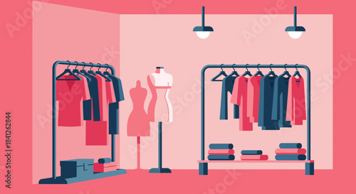 Chic clothing boutique interior design with stylish apparel on display racks and mannequins, perfect for fashion brand marketing and retail concepts