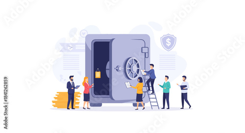 Team securing financial assets with robust vault protection and collaborative strategy, building confidence for business growth and future investments