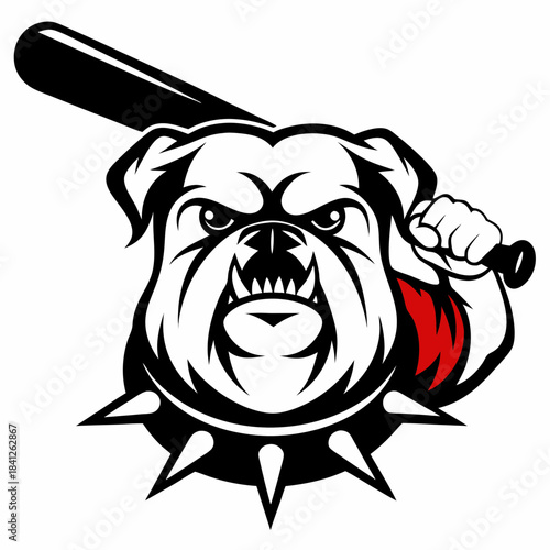 Fierce bulldog mascot holding a baseball bat with a determined expression