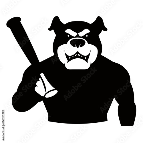 Intimidating bulldog with baseball bat, aggressive stance, black silhouette