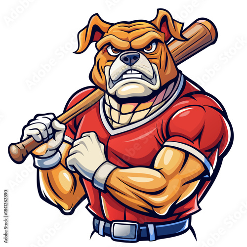 Tough bulldog athlete ready for baseball game, holding bat with determined expression