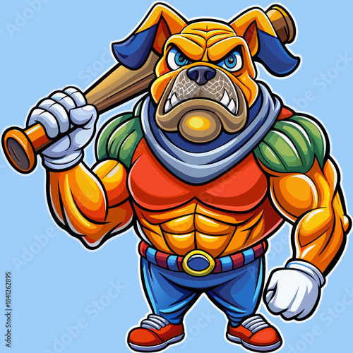 Tough cartoon bulldog with baseball bat and muscular physique