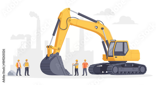 Dynamic yellow excavator with construction workers, perfect for industry presentations or infrastructure projects needing a modern, clean, and professional look