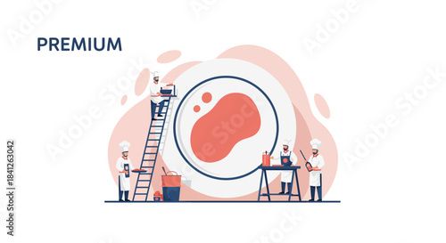 Team of creative chefs prepare a premium meal together, culinary team collaboration in the kitchen, restaurant concept illustration for food business