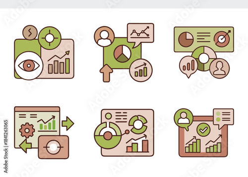 Illustrations of data analysis metrics for business strategy, reporting, and decisionmaking