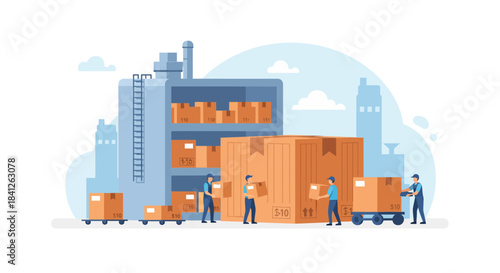 Efficient shipping and delivery in a bustling city warehouse, workers carefully loading and unloading boxes, perfect for logistics or supply chain visuals