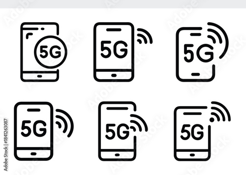Set of vector icons of smartphones with 5G cellular network signal