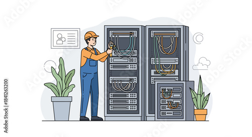 Skilled technician maintaining data center servers with care, ensuring network stability for seamless business operations in a modern, connected world