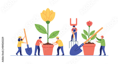 Teamwork makes the dream work planting flowers and growing a garden together, illustrating community collaboration and sustainable growth for the future