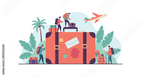 Adventure awaits for happy travelers with luggage ready for a vacation getaway and a plane soaring above a tropical destination, perfect for wanderlust ads