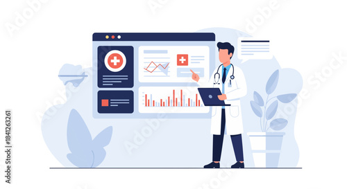 Modern doctor presenting medical data with laptop in hand, offering innovative healthcare solutions and showing positive trends for medical business growth