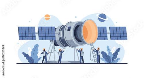 Engineers assemble cutting-edge satellite in space exploration mission, reaching for stars with innovative technology and cosmic discovery, vector art