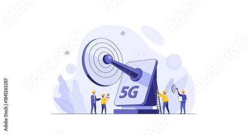 Engineers constructing cutting-edge 5G technology for faster connectivity and seamless communication with high-speed internet access worldwide