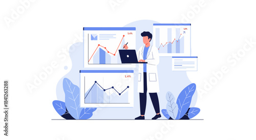 Scientist analyzes data trends on laptop with charts, graphs for medical research innovation in modern lab, driving scientific progress for humanity