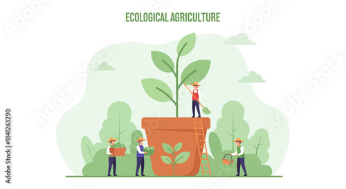 Farmers cultivating crops in a sustainable ecological agriculture system, cultivating a green future with organic methods and a focus on environmental responsibility.