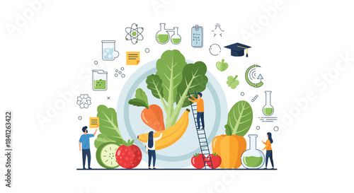 Vibrant vector art celebrating healthy eating and scientific research with people and fresh produce, perfect for nutrition education and wellness campaigns