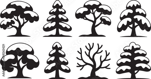 Black silhouette winter trees with snow caps and bare branches on white background Keywords: tree, silhouette, winter, snow, cap, bare, branches, deciduous, evergreen, nature, forest, plant, trunk