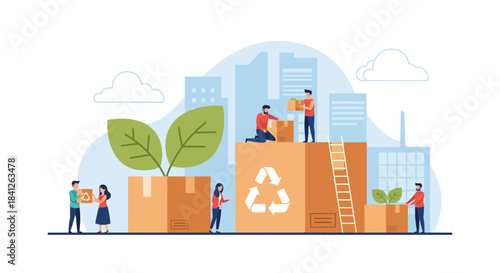 Sustainable business practices with recycling and eco-friendly packaging for a greener future with people collaborating on environmental initiatives