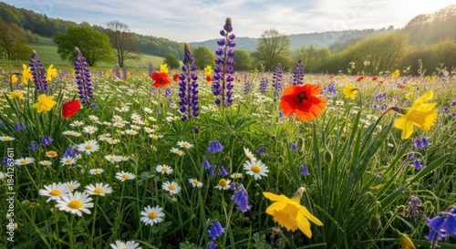 Fototapeta Naklejka Na Ścianę i Meble -  A vibrant meadow filled with wildflowers, including daisies, lupines, and poppies, under a clear blue sky with soft, diffused sunlight filtering through the trees.
