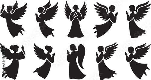 Collection of black silhouette angels in various poses and styles wings halo
