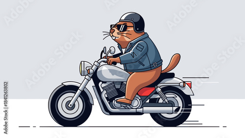Cool groundhog wearing sunglasses riding a motorcycle in motion on a gray background
