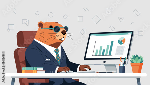Business groundhog in glasses working on a laptop in a modern office interior with copy space