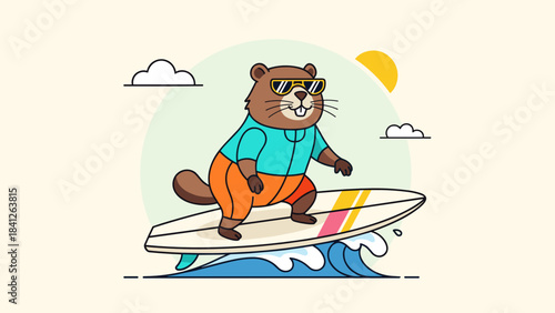 Cartoon beaver surfing with a cool expression on a surfboard against a sunny beach background
