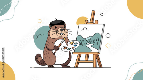 Artistic groundhog with a creative expression painting a landscape on an easel with a palette