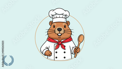 Chef groundhog with a cheerful expression holding a wooden spoon in a professional cooking outfit