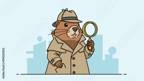 Detective groundhog with a curious expression holding a magnifying glass in a city background