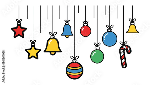 Holiday Ornament Illustration: Festive and vibrant holiday ornaments, including stars, bells, candy cane and spherical baubles, dangle gracefully against a soft backdrop.