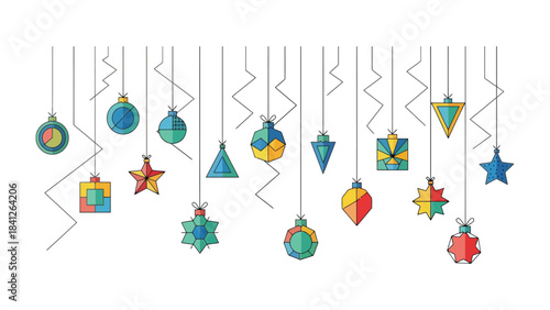 Festive Ornament Display: A cheerful array of geometrically designed ornaments, each a unique piece of holiday charm, dangle elegantly, celebrating the spirit of the festive season.
