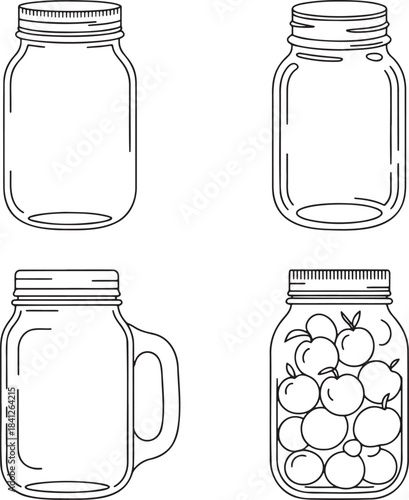 Set of Mason jars Outline vector illustration isolated On Transparent Background