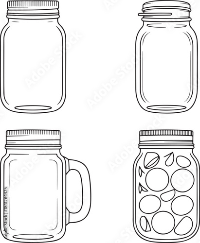 Set of Mason jars Outline vector illustration isolated On Transparent Background