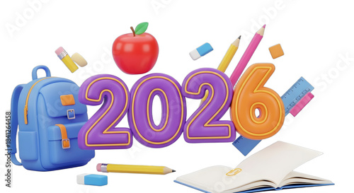 Back to school 2026 concept with supplies and numbers isolated on transparent background