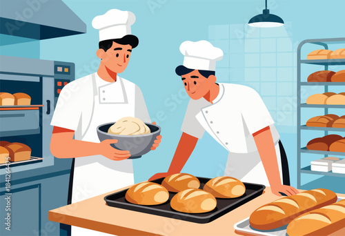 Two chefs prepare fresh bread in a warm bakery environment