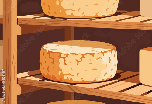 Round cheeses displayed on wooden shelves in a rustic, warm-toned setting