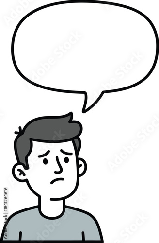 A pensive young man looks worried with an empty speech bubble above his head contemplating a problem