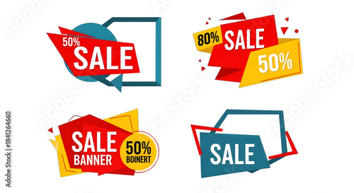 Colorful collection of sale banners and discount labels isolated on transparent background