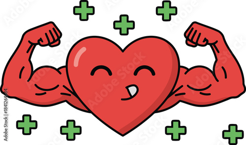 A happy cartoon heart flexing strong muscles symbolizes excellent cardiovascular health and overall wellness