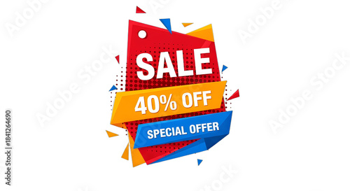 Dynamic sale banner with percentage off text and vibrant colors isolated on transparent background